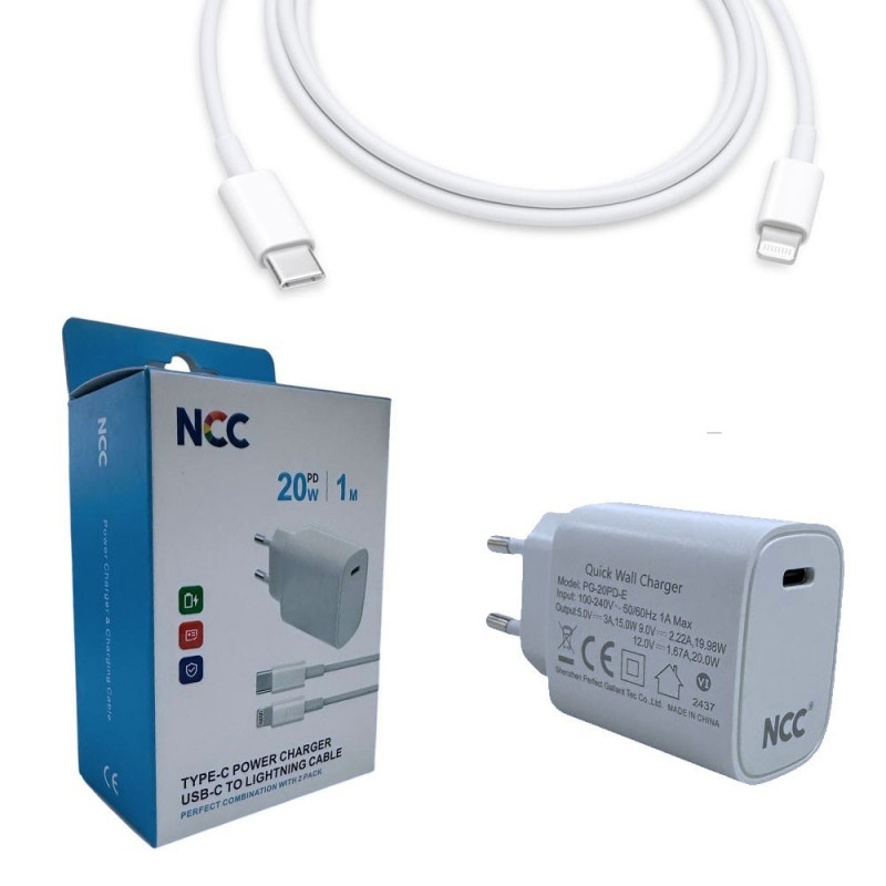 NCC CaricaBatterie Da Rete 20W USB-C + Cavo da USB-C a Lightning PD Fast Charger C16 | Bianco 