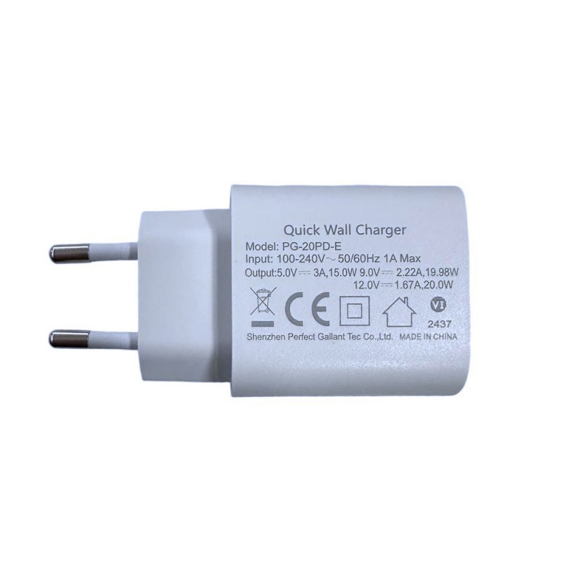NCC CaricaBatterie Da Rete 20W USB-C + Cavo da USB-C a Lightning PD Fast Charger C16 | Bianco 