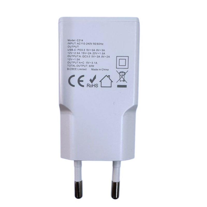 NCC 30W Ultra-Thin USB-A + USB-C Fast Charge Wall Charger | White C214