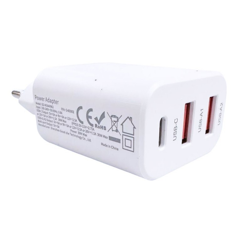 NCC Mains Charger 30W USB-C + 2 USB-A Fast Charger Power Delivery | White NCC Mains Charger 30W USB-C + 2 USB-A Fast Charger Power Delivery | White
