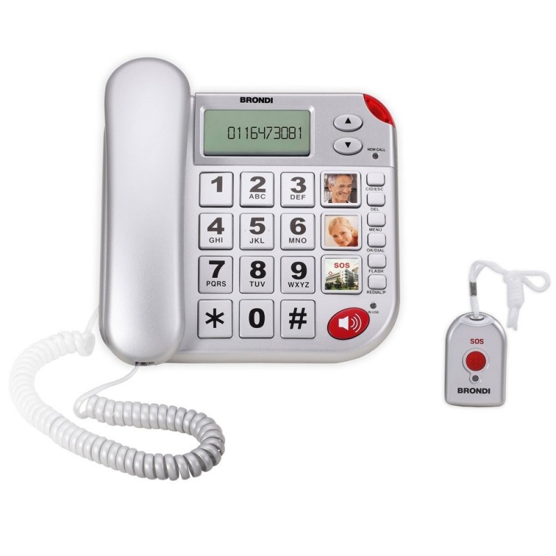 Brondi Super Bravo Plus Landline Phone with SOS Remote Control and Large Display, Silver