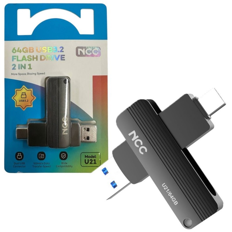 NCC U21 USB 3.2 PenDrive Flash USB-A + USB-C | 64Gb
