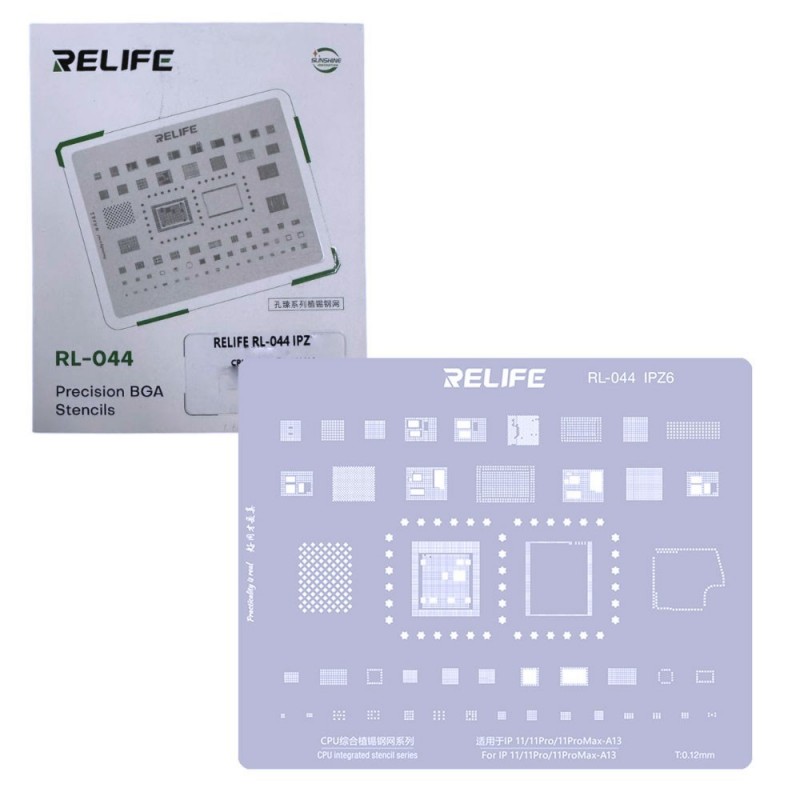RELIFE RL-044 IPZ6 Tin Steel Stencil per Rigenerazione CHIP IC su CPU per iPhone 11 / Pro / Pro Max - A13 | 0.12MM