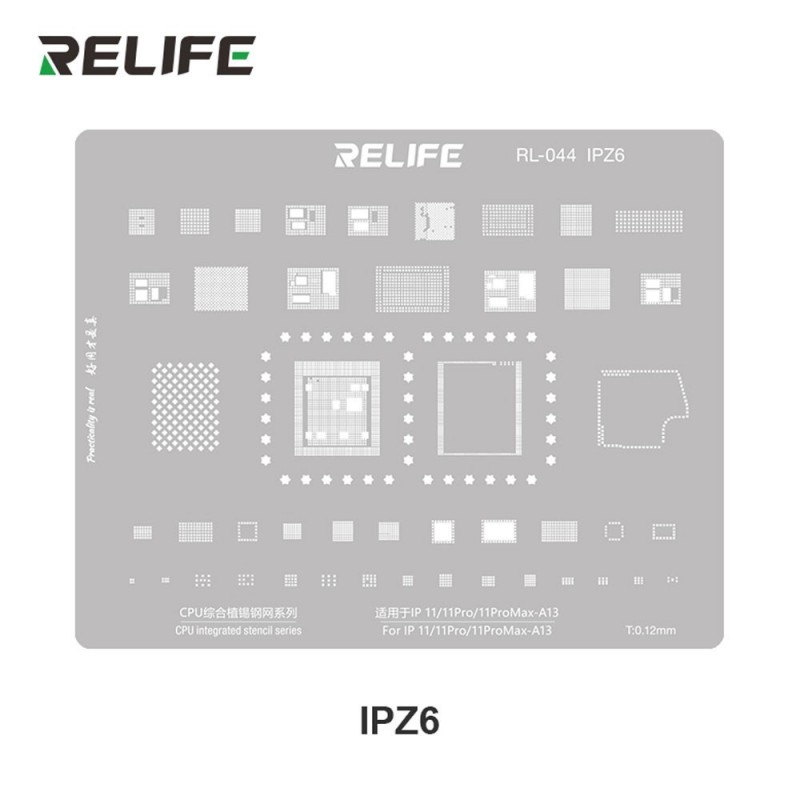 RELIFE RL-044 IPZ6 Tin Steel Stencil per Rigenerazione CHIP IC su CPU per iPhone 11 / Pro / Pro Max - A13 | 0.12MM