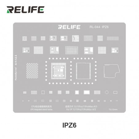 RELIFE RL-044 IPZ6 Tin Steel Stencil per Rigenerazione CHIP IC su CPU per iPhone 11 / Pro / Pro Max - A13 | 0.12MM