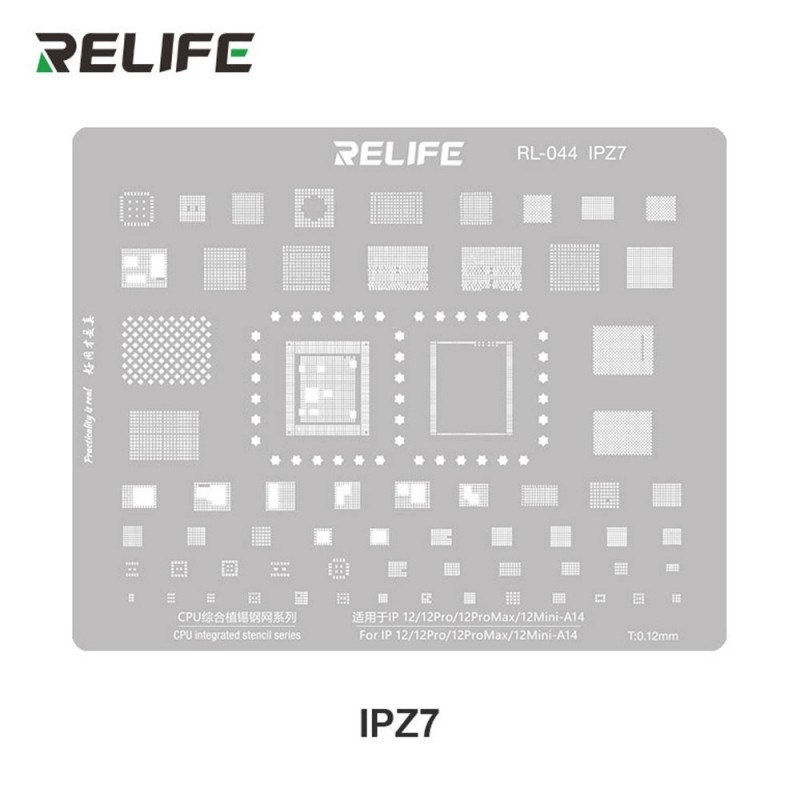 RELIFE RL-044 IPZ7 Tin Steel Stencil per Rigenerazione CHIP IC su CPU per iPhone 12 / Pro / Pro Max / Mini - A14 | 0.12MM