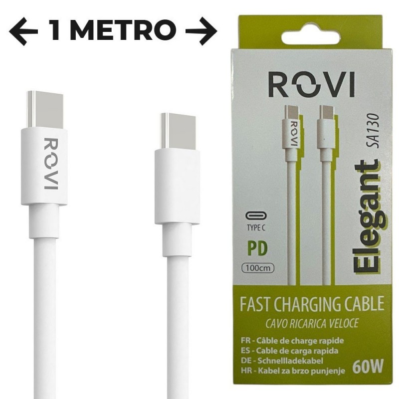 Rovi Elegant Cavo di Ricarica da USB-C a USB-C SA130 in PVC Ultra Resistente 1mt 3A | Bianco