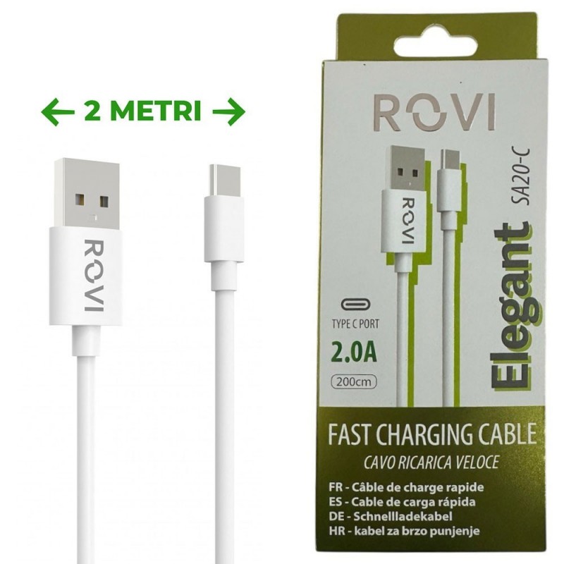 Rovi Elegant 2-Meter USB-A to USB-C Cable in Ultra-Resistant PVC SA20C 3A | White