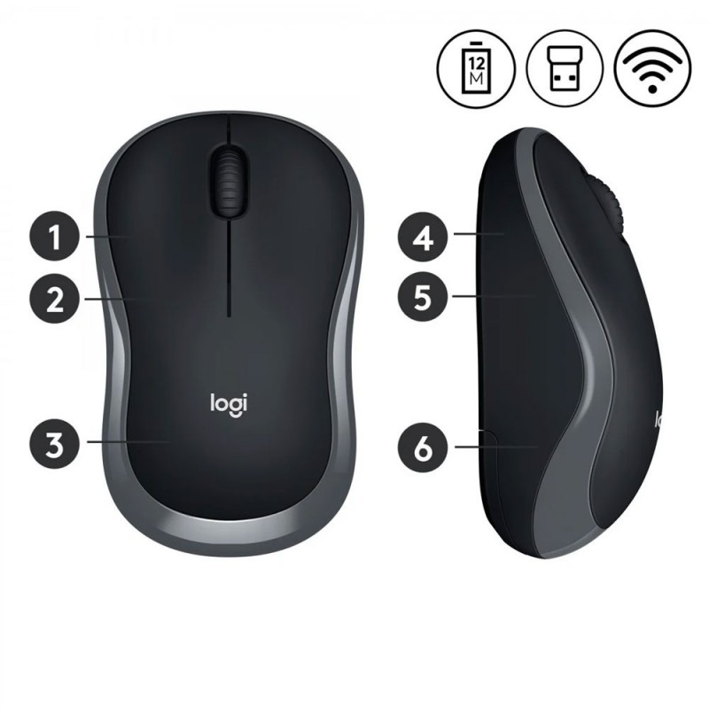 Logitech Mouse Wireless M185 2.4GHz 1000Dpi Ambidestro | Grigio