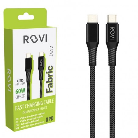 Rovi Fabric Charging Cable SA212 Type-C to Type-C Fabric-Wrapped 60W 1.5m | Black