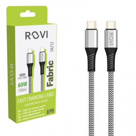 Rovi Fabric Charging Cable SA212 Type-C to Type-C Fabric-Woven 60W 1.5m | Silver