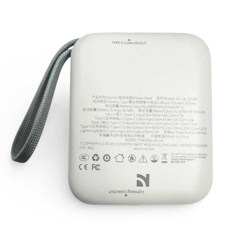 NCC Power Bank Ricarica Rapida AS-181 da 10000 mAh e 22,5 W con Cavi Integrati Light Gray 