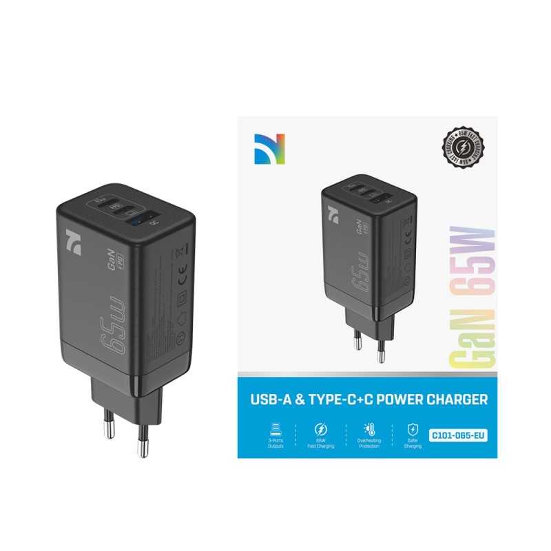 NCC CaricaBatterie da Rete 65W Charger USB-A+C+C | Nero C101-065-EU