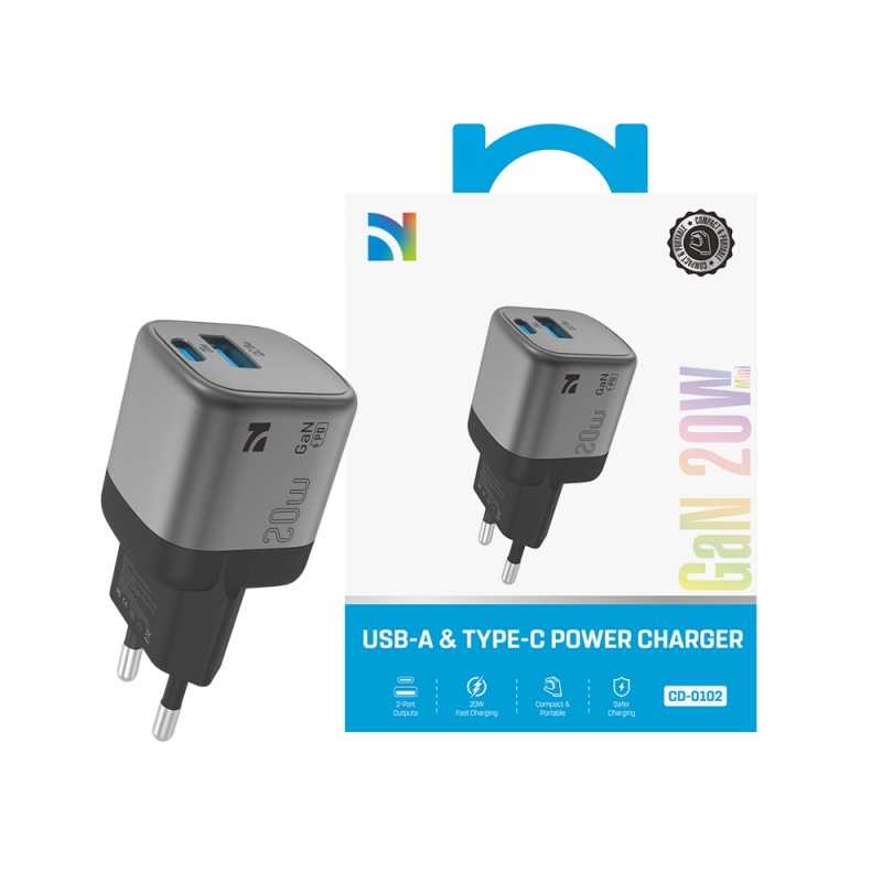 NCC CaricaBatterie da Rete 20W Charger GaN USB-A + USB-C Fast CD-0102 EU | Nero