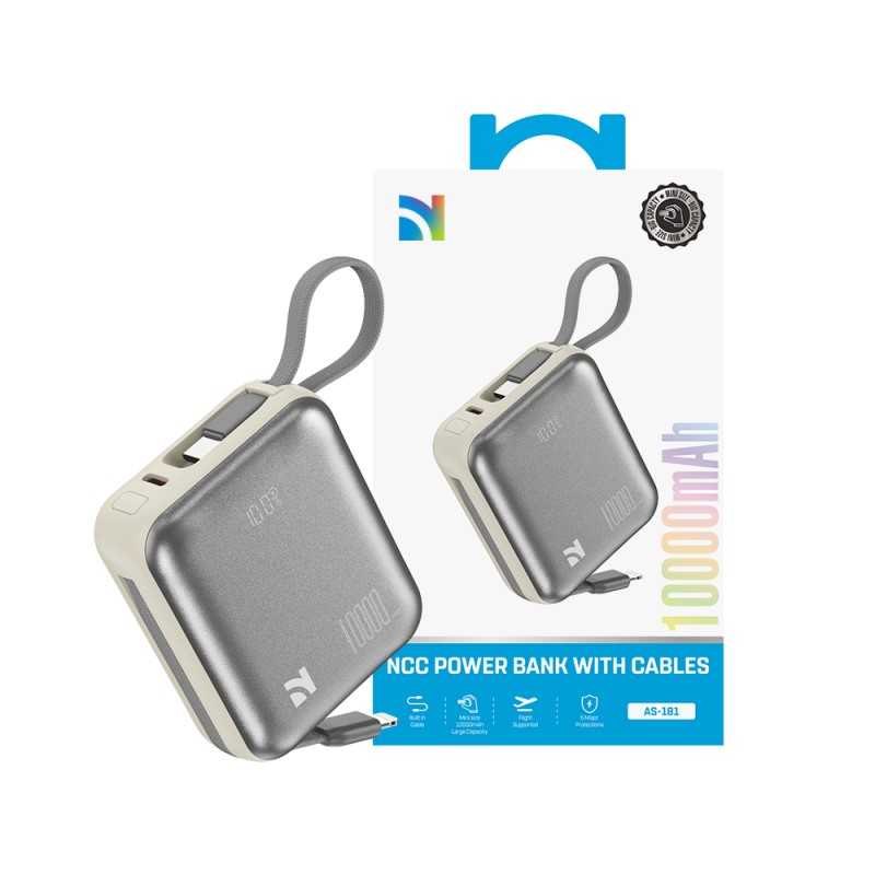NCC Power Bank AS-181 10000mAh 22.5W Fast Charging Power Bank with Built-in Cables Light Gray 