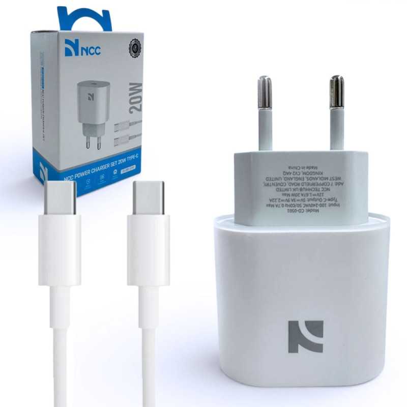 NCC CaricaBatterie da Rete 20W USB-C Set con Cavo da USB-C a USB-C | CD-0501 C-C Bianco