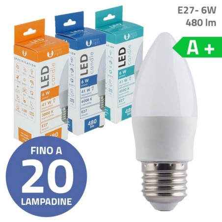 Scopri Bundle fino a 20 Lampadine LED Bulb E27 C37 6W 480lm Luce Calda - Luce Fredda - Luce Naturale in dettaglio