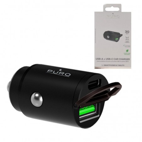 Foto di Puro Carica Batterie Da Auto 30W 1 USB-C + 1 USB-A Fast Charger Power Delivery | Nero - Puro
