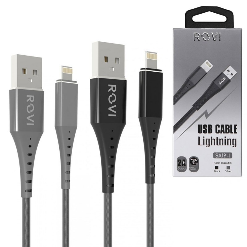 Immagine prodotto Rovi Sport Cavo di Ricarica da Usb-A a Lightning SA19-I in Nylon e connettore in PVC 1mt 2A | Silver - Nero