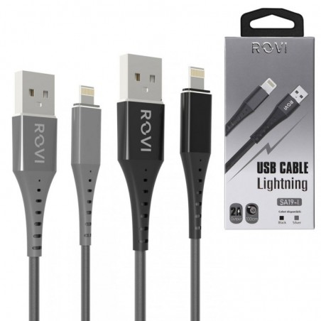 Product image Rovi Sport Lightning SA19-I Charging Cable in Nylon and PVC connector 1mt 2A |&nbsp;Silver - Black