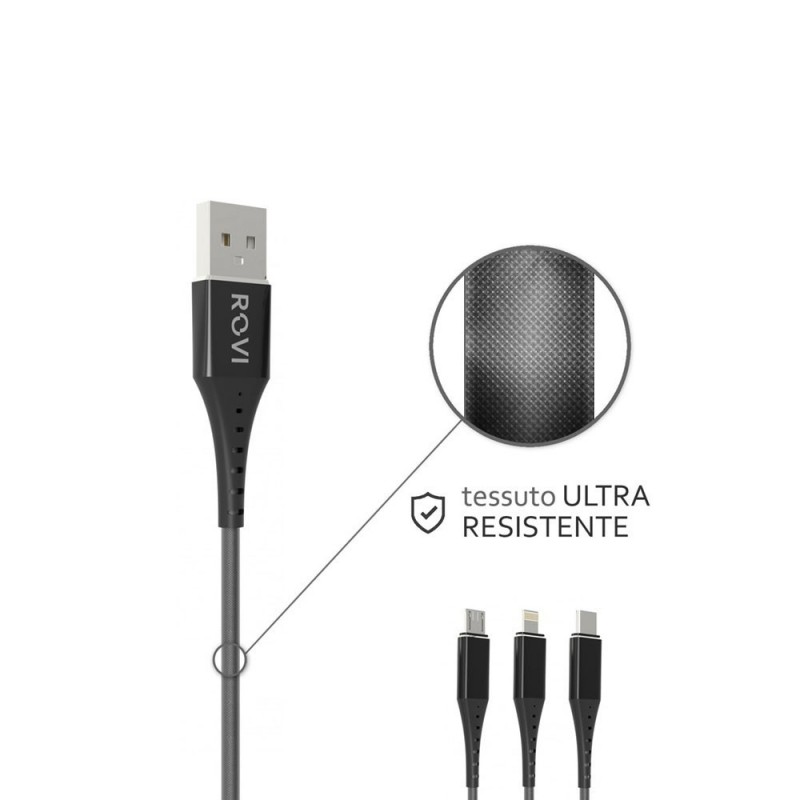 Rovi Sport USB-A to USB-C Charging Cable SA19-C in Nylon with PVC Connector 1m 2A | Silver - Black Rovi Sport USB-A to USB-C Charging Cable SA19-C in Nylon with PVC Connector 1m 2A | Silver - Black
