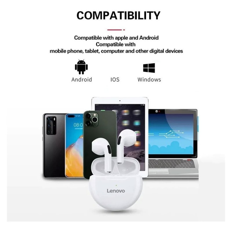 LENOVO True Wireless Earbuds HT38 Auricolare Bluetooth 5.0 IPX5 | Bianco - Nero