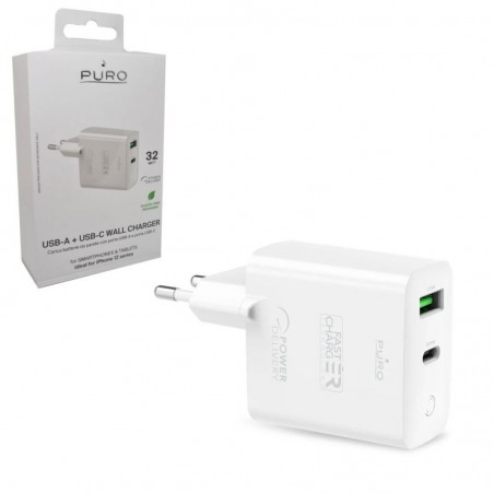 Puro Pure Battery Charger 32W USB-C + USB-A Fast Charger Power Delivery | White for sale
