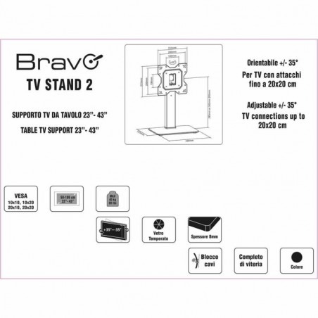 BRAVO Supporto da tavolo per TV Staffa STAND 2 Con Cristallo Temperato da 23" a 43" 