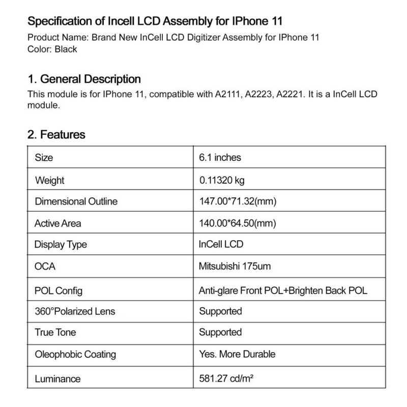Display LCD iPhone 11 INCELL | GREEN ON Premium