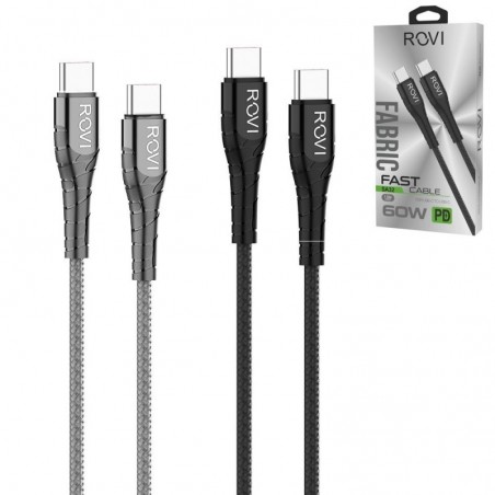 Compra Rovi Fabric Cavo di Ricarica USB-C da Type-c a Type-C Rivestito in Tessuto Con Connettori Rinforzati 2.4A | Silver - Nero
